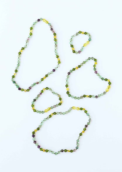 Raw Baltic Sea Amber + Fluorite + Peridot || Gemstone Necklace
