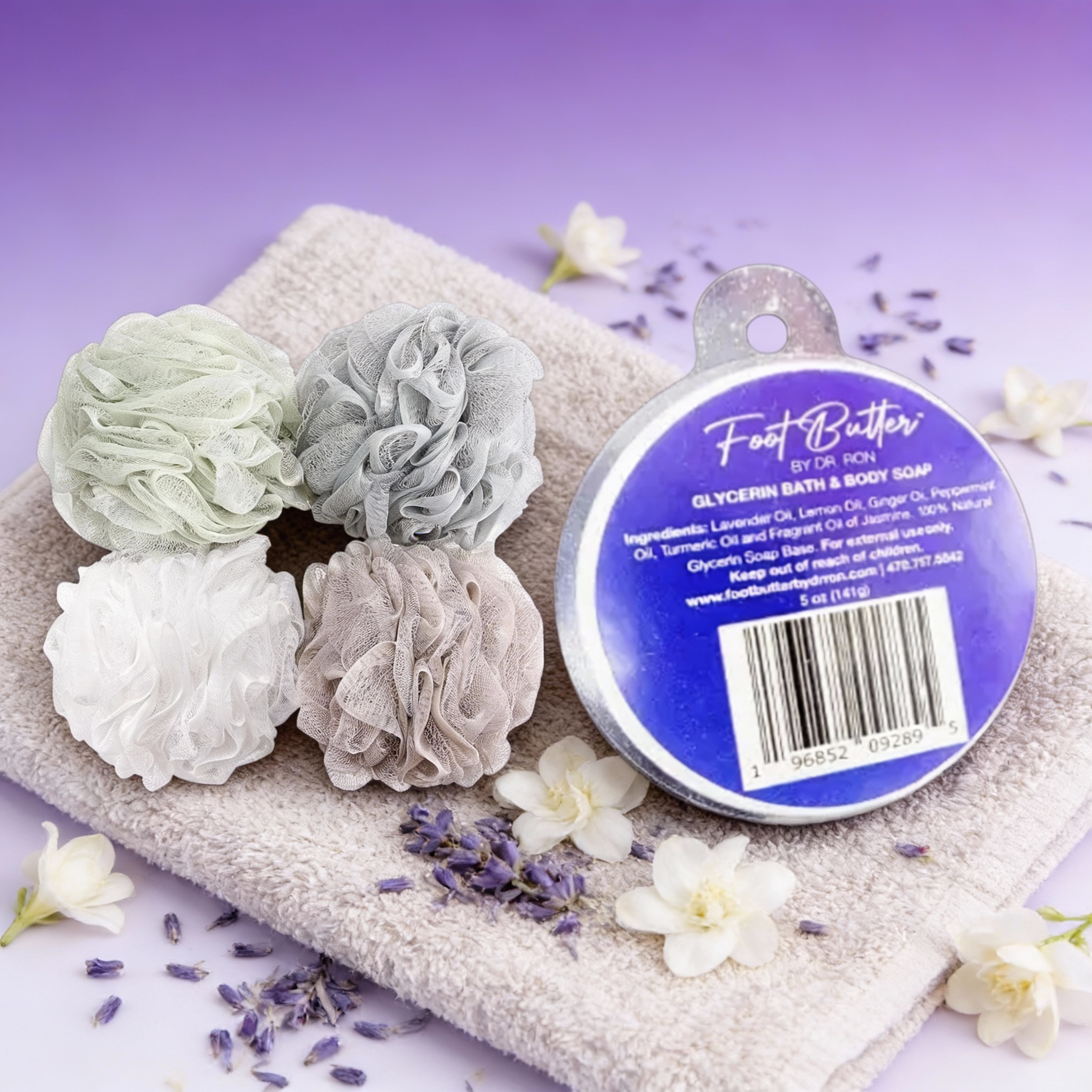 Lavender Bath Bundle – Moisturizing Glycerin Soaps &amp; Shower Loofah Set