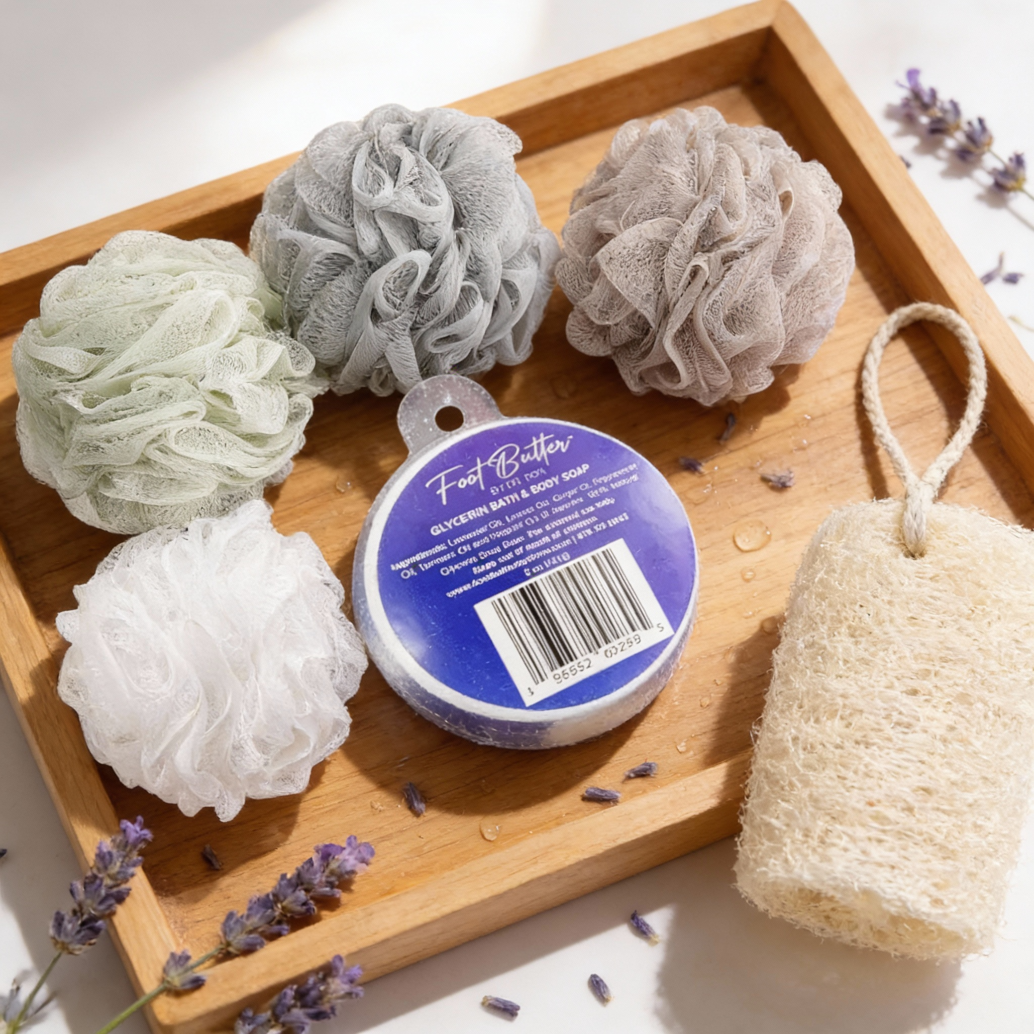Lavender Bath Bundle – Moisturizing Glycerin Soaps &amp; Shower Loofah Set