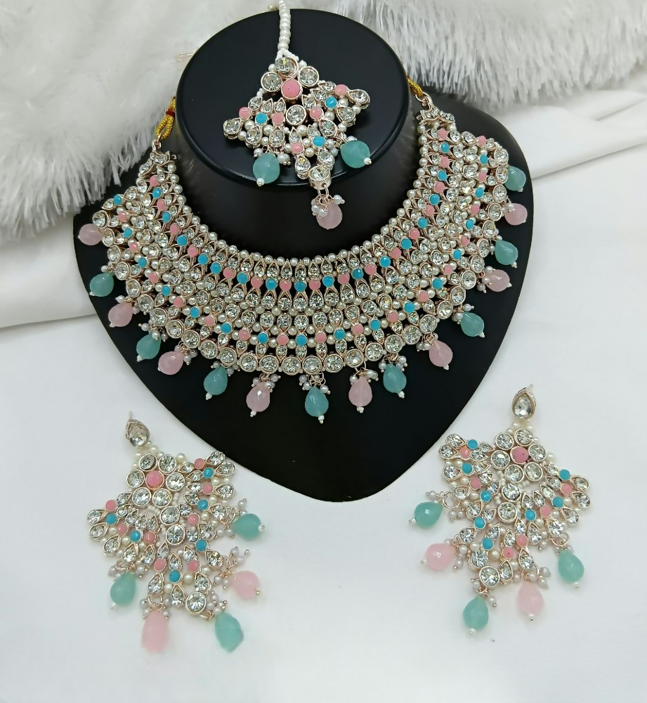 Joban Fashion Pink-Blue Color Stone Work Necklace Set