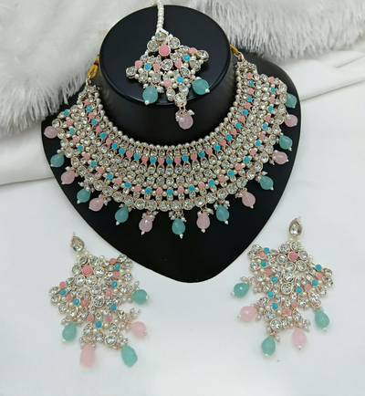 Joban Fashion Pink-Blue Color Stone Work Necklace Set