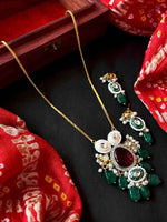 Joban Fashion Green Brass Monalisa Jade Stone With Kundan Meenakari Pendant Chain Necklace With Earring Set