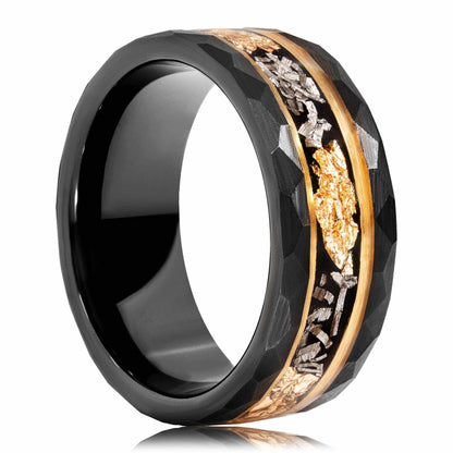 Meteorite x 22K Gold Leaf Hammered Black Tungten Carbide Ring