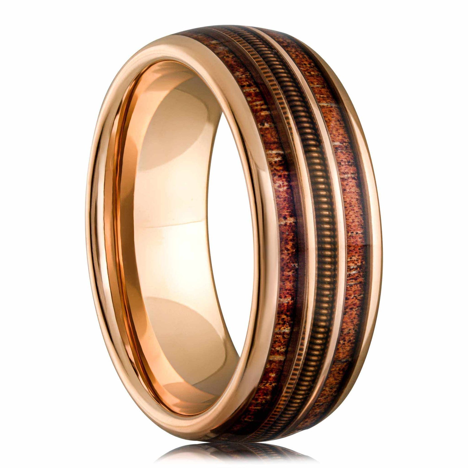 Guitar String Whiskey Barrel Wood Ring - Rose Gold Band Tungsten - DestGlow