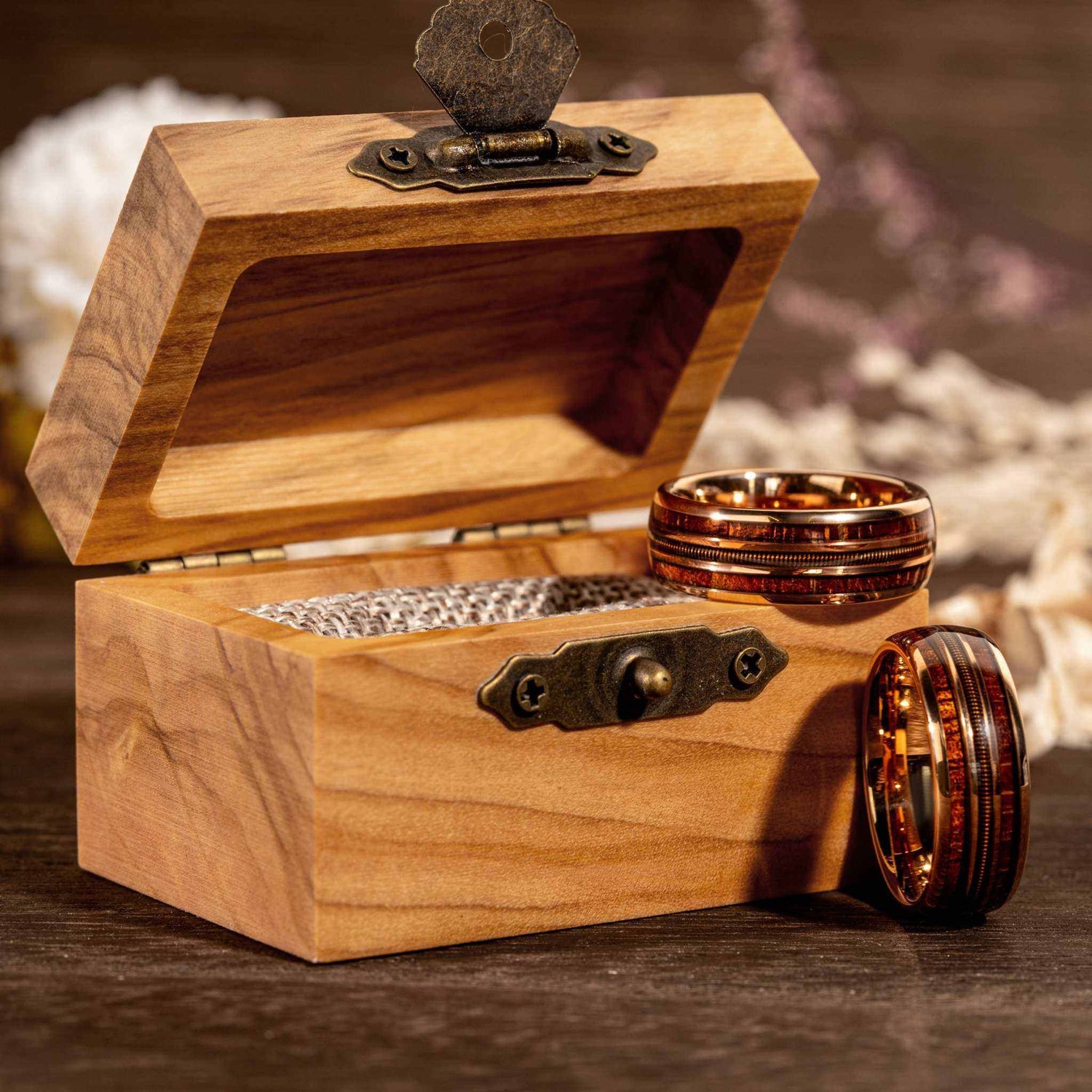 Guitar String Whiskey Barrel Wood Ring - Rose Gold Band Tungsten - DestGlow