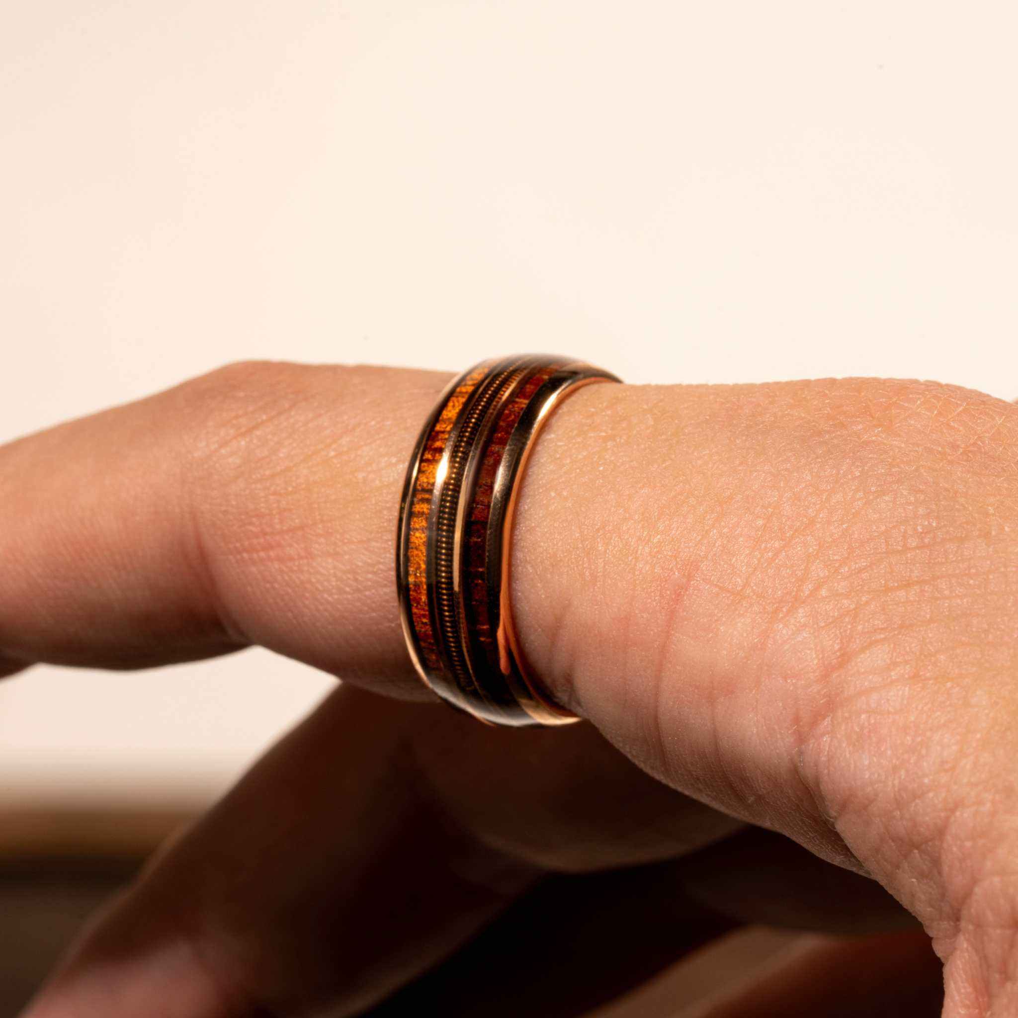 Guitar String Whiskey Barrel Wood Ring - Rose Gold Band Tungsten - DestGlow