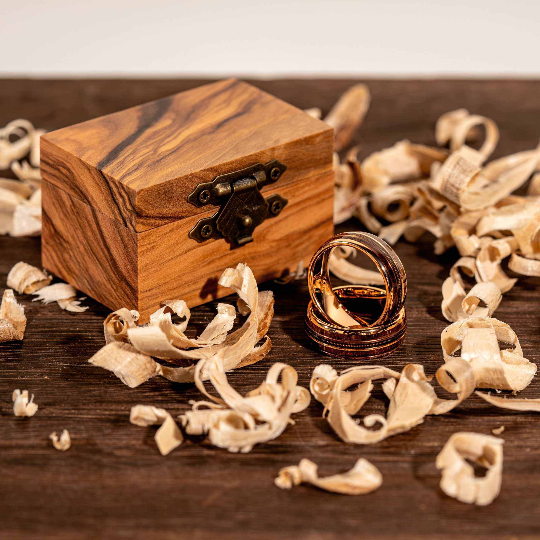 Guitar String Whiskey Barrel Wood Ring - Rose Gold Band Tungsten - DestGlow