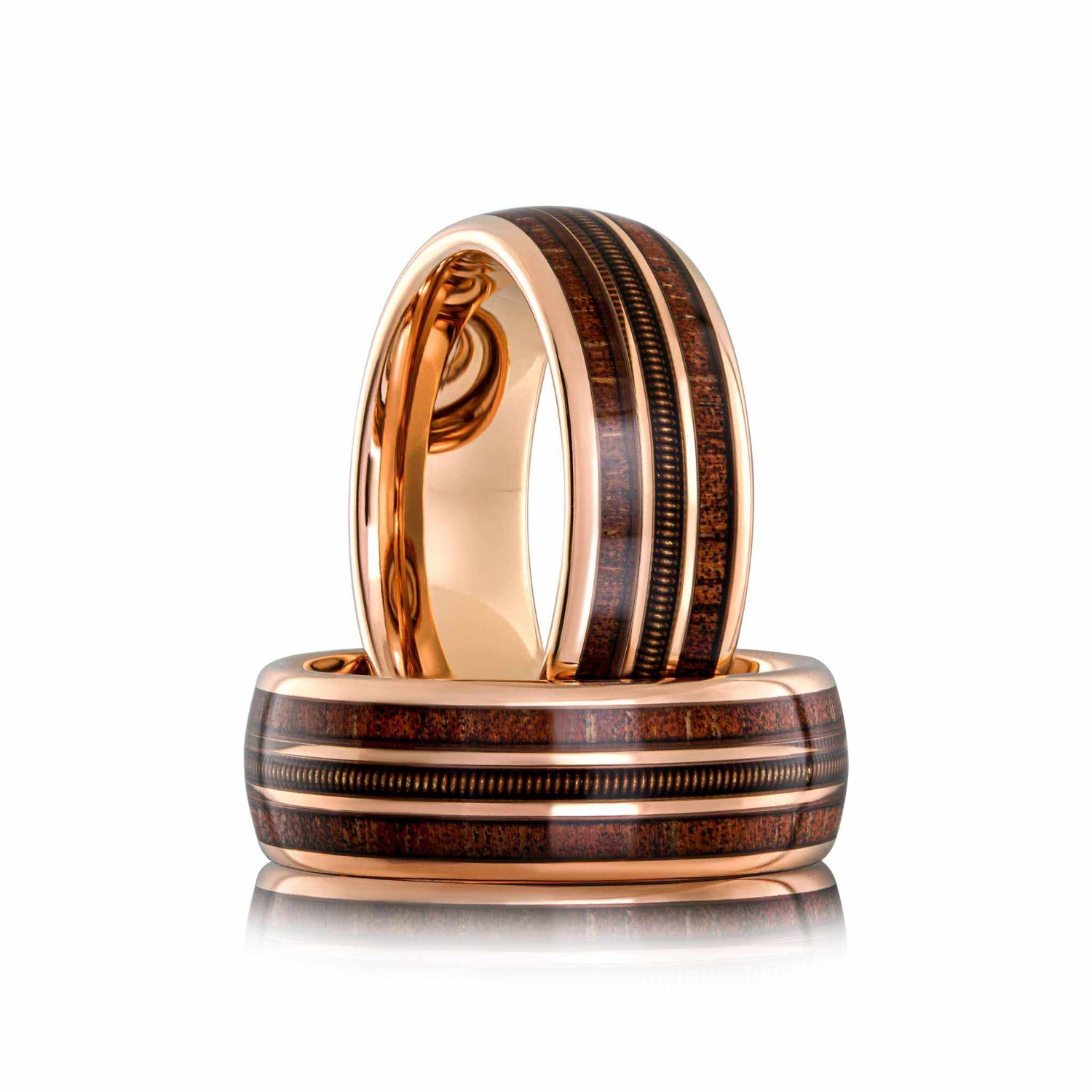 Guitar String Whiskey Barrel Wood Ring - Rose Gold Band Tungsten - DestGlow