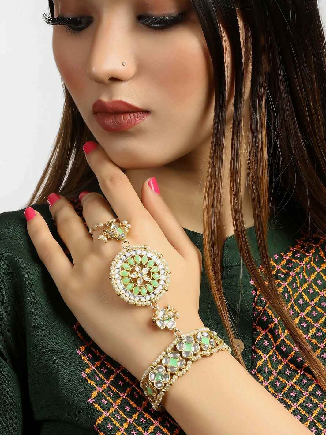 Joban Fashion Lime Green Meena Work Kundan Hathphool