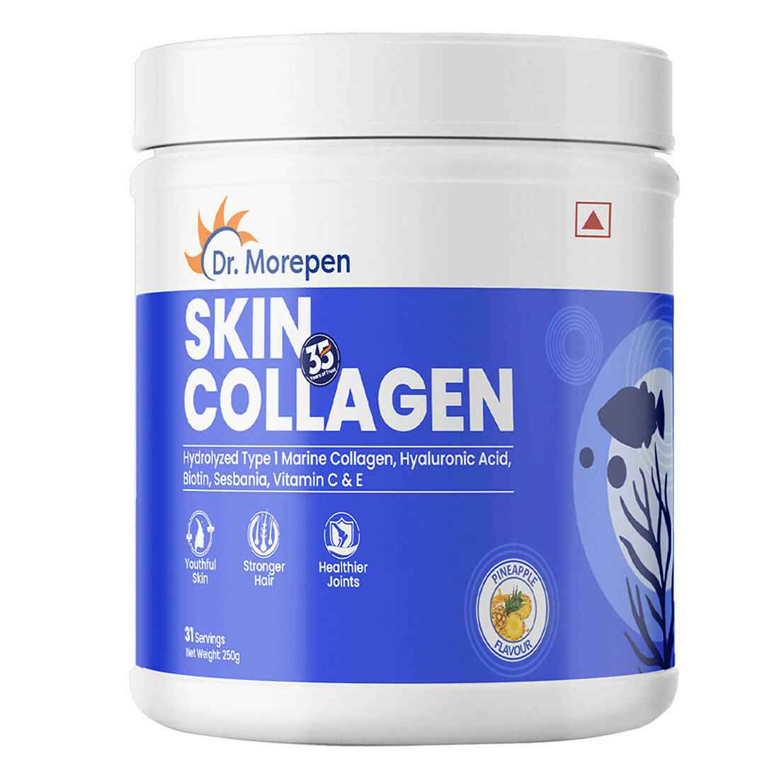 Dr. Morepen Skin Collagen Protein Powder With Hyaluronic Acid, Vitamin C, Sesbania &amp; Biotin - Pineapple Flavour