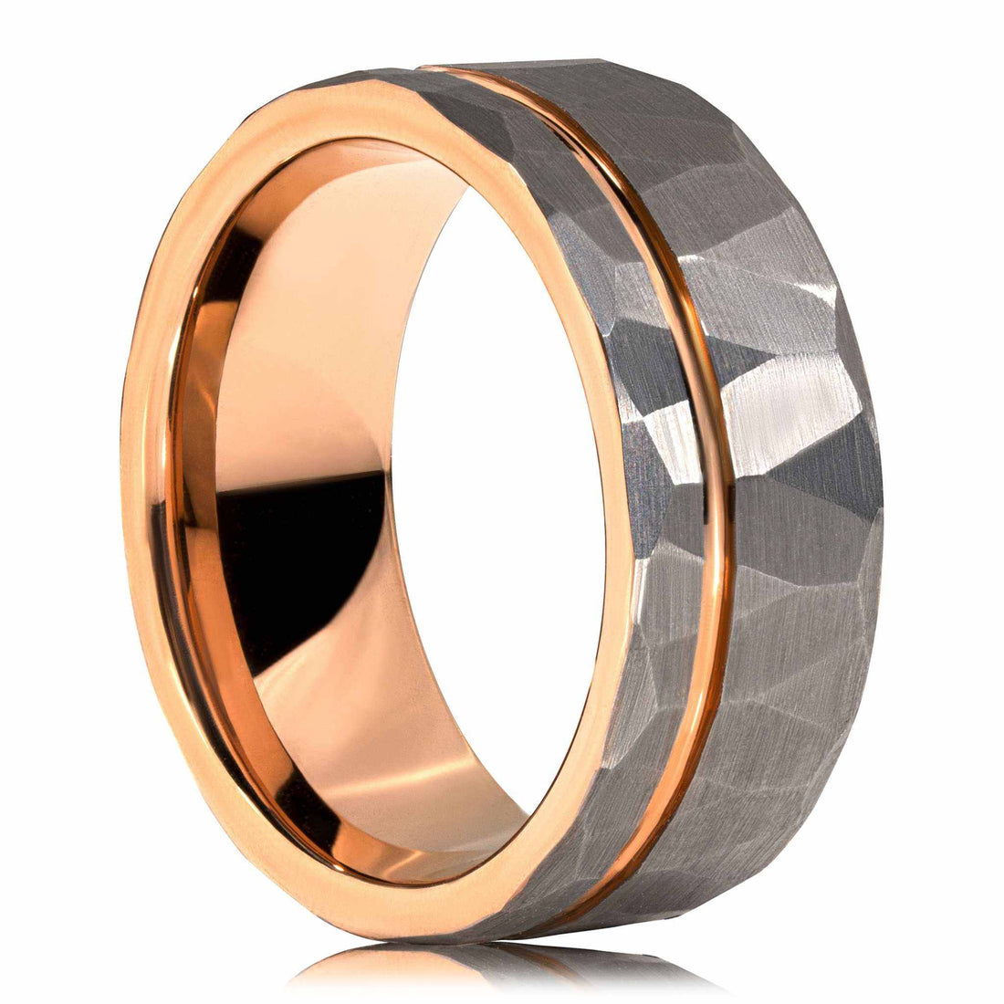 Hammered Rose Gold Strip Tungsten Carbide Ring