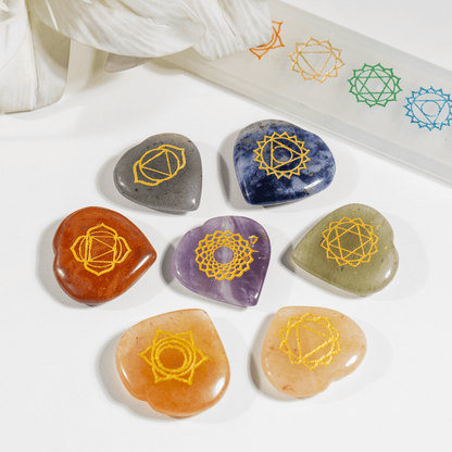 Chakra Crystals Set, Heart Shaped Reiki 7 Chakra Stones Set, Wooden Grid Plate, Selenite Log  DestGlow
