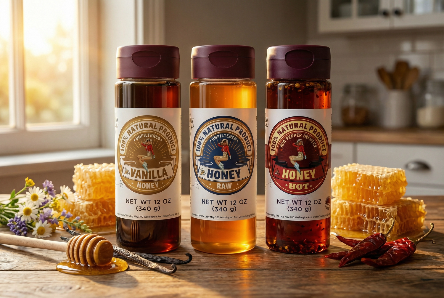 Honey Trio 3-Pack Gift Set - Raw, Hot &amp; Vanilla Honey | Small Batch Farm Grown | Lady May by The Lady May