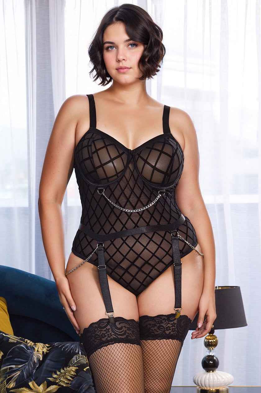 Plus Size Diamond Mesh Bodysuit with Garters