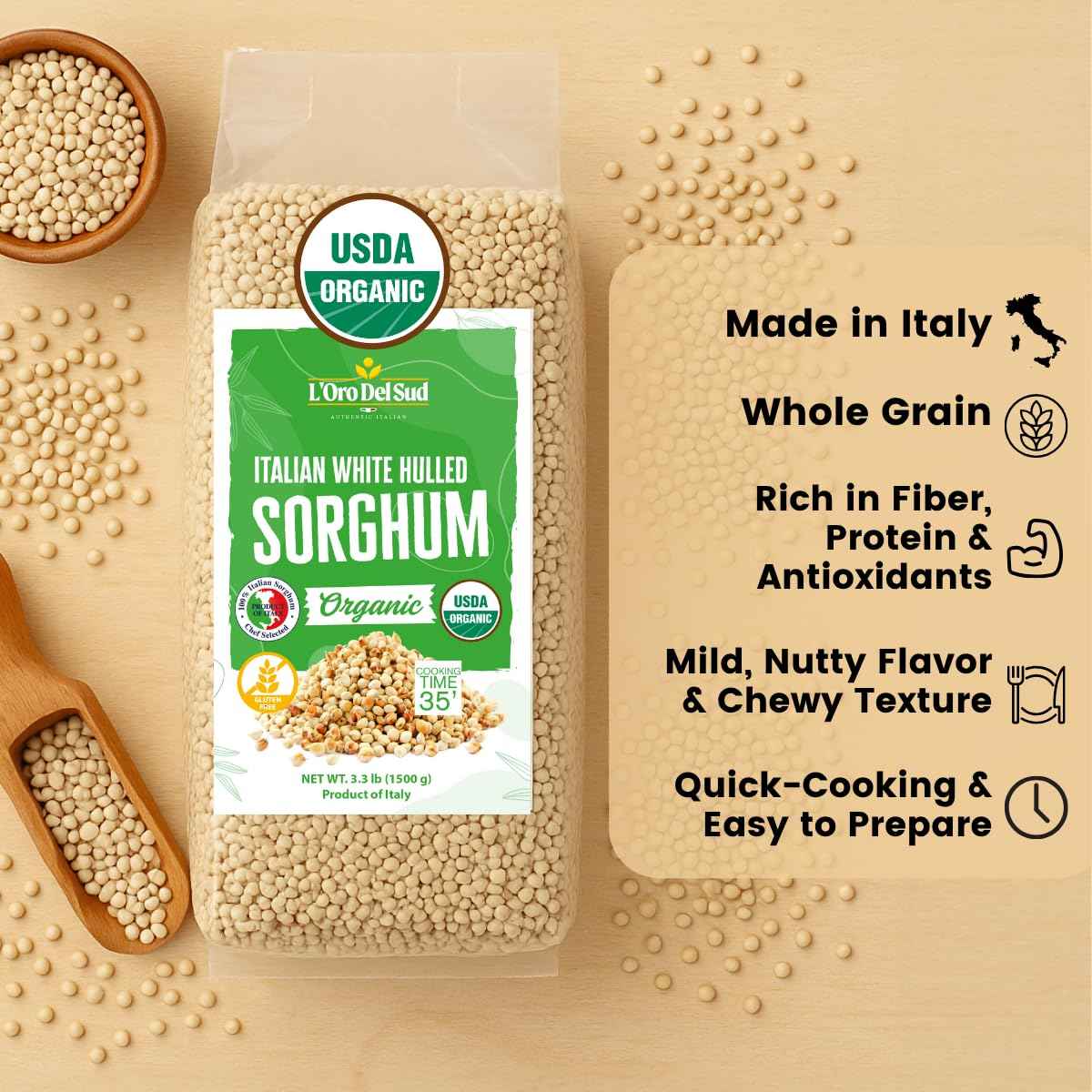 L’Oro Del Sud, Organic Italian White Hulled Sorghum, 52.9 oz (1.5 kg)