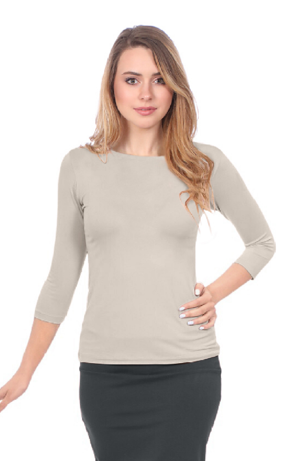 Fitted 3/4 Sleeve Layering Shell - High Round Neckline Slim-Fit Undershirt by Kosher Casual USA