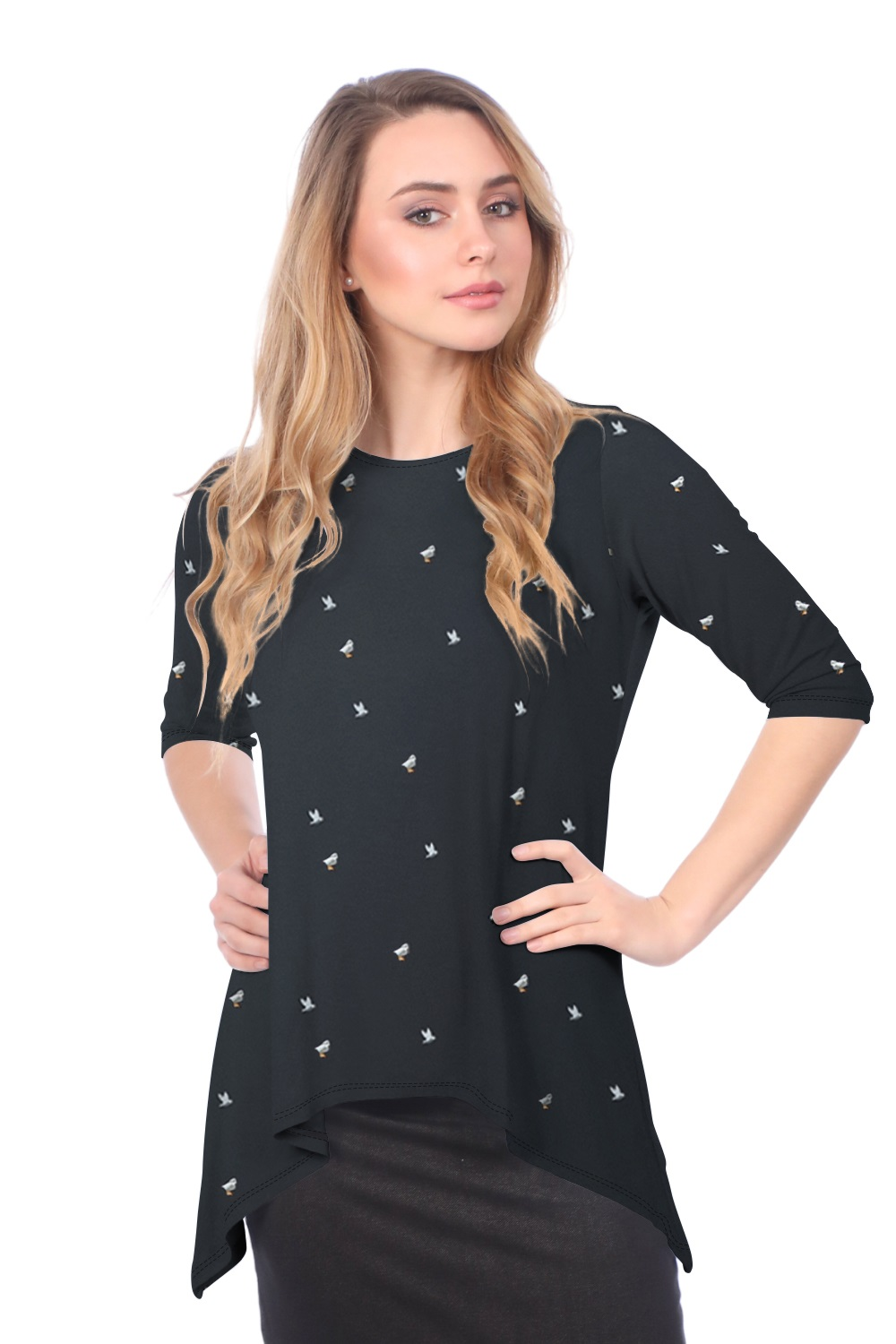 Modest Handkerchief Tunic Top - 3/4 Sleeve Comfort Flow Design by Kosher Casual USA