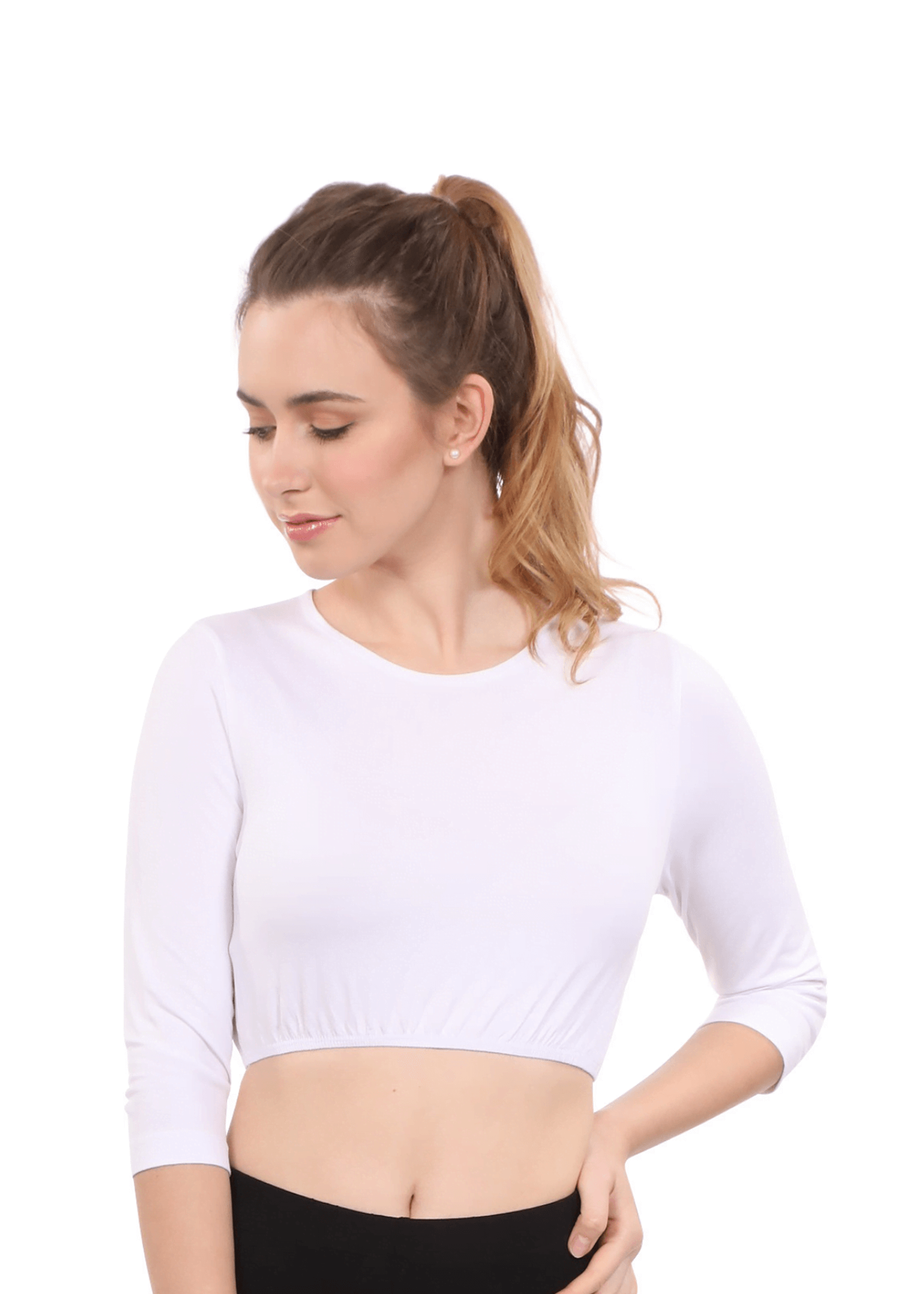 Modest Neck Cropped Layering - Cotton Spandex 3/4 Sleeve Shell Top by Kosher Casual USA