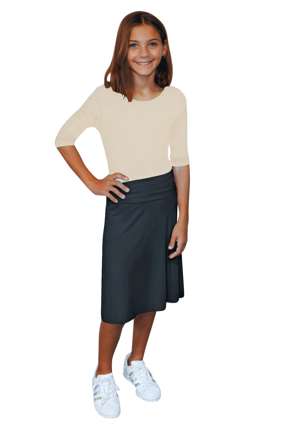 Girls A-Line Midi Skirt with Adjustable Fold-Over Waist by Kosher Casual USA