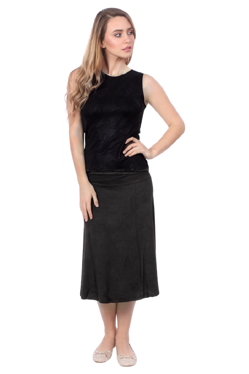Sleek A-Line Adjustable Waist Midi Skirt with Fold-Over Waistband by Kosher Casual USA