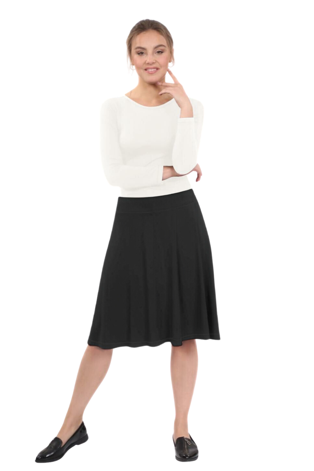 Knee Length A-Line Skater Skirt with Full Elastic Waist by Kosher Casual USA