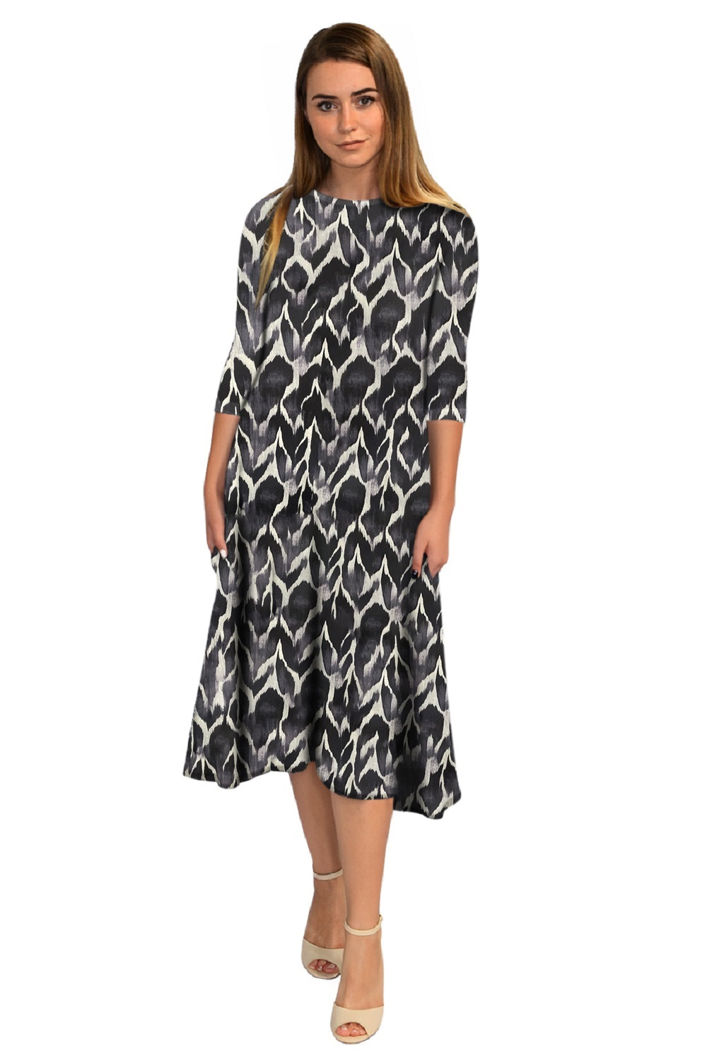 Mid-Calf 3/4 Sleeve Swing Dress with Pockets by Kosher Casual USA