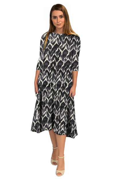 Mid-Calf 3/4 Sleeve Swing Dress with Pockets by Kosher Casual USA