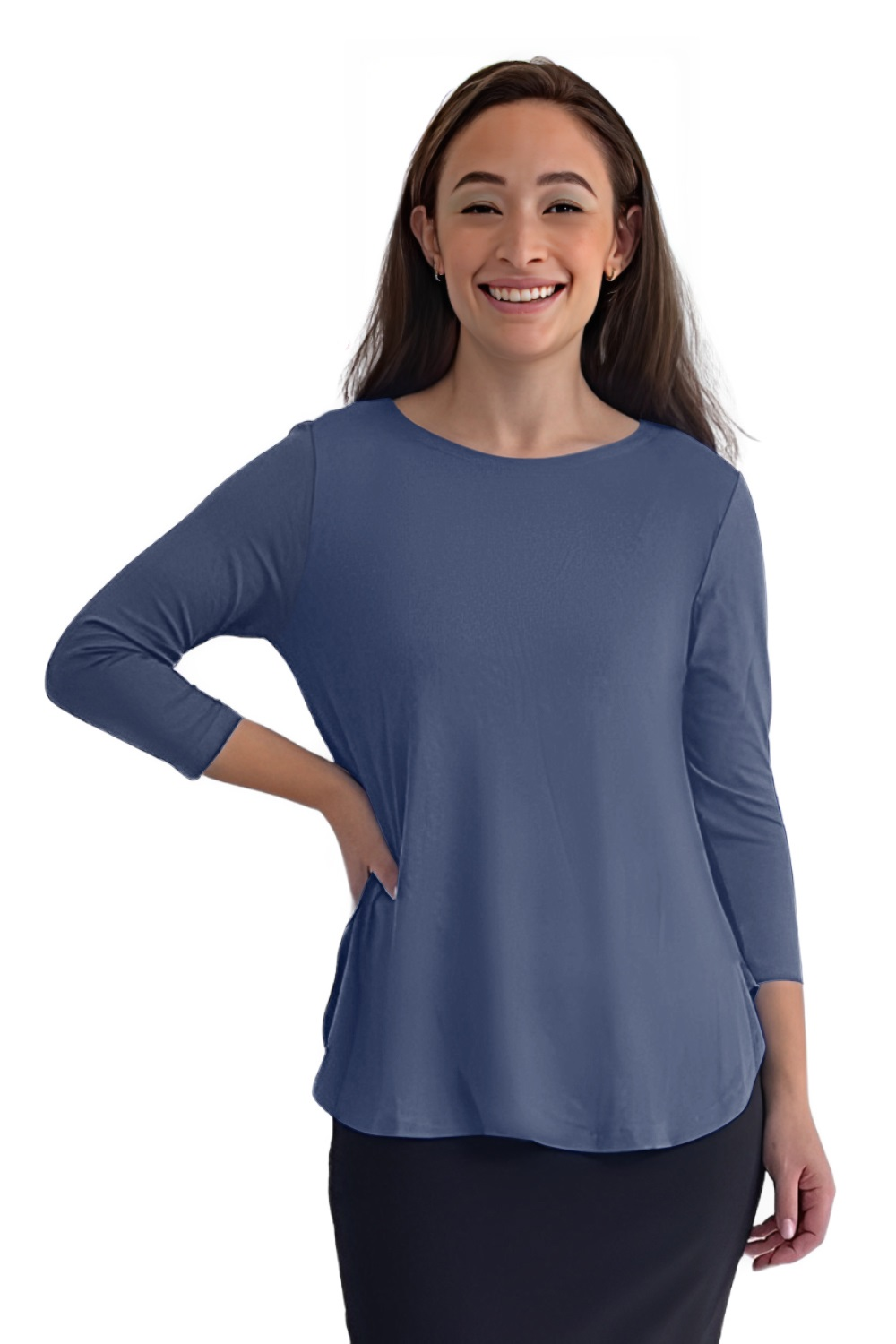 Curved Side Hem Tunic with 3/4 Sleeves and Modest Crew Neckline by Kosher Casual USA