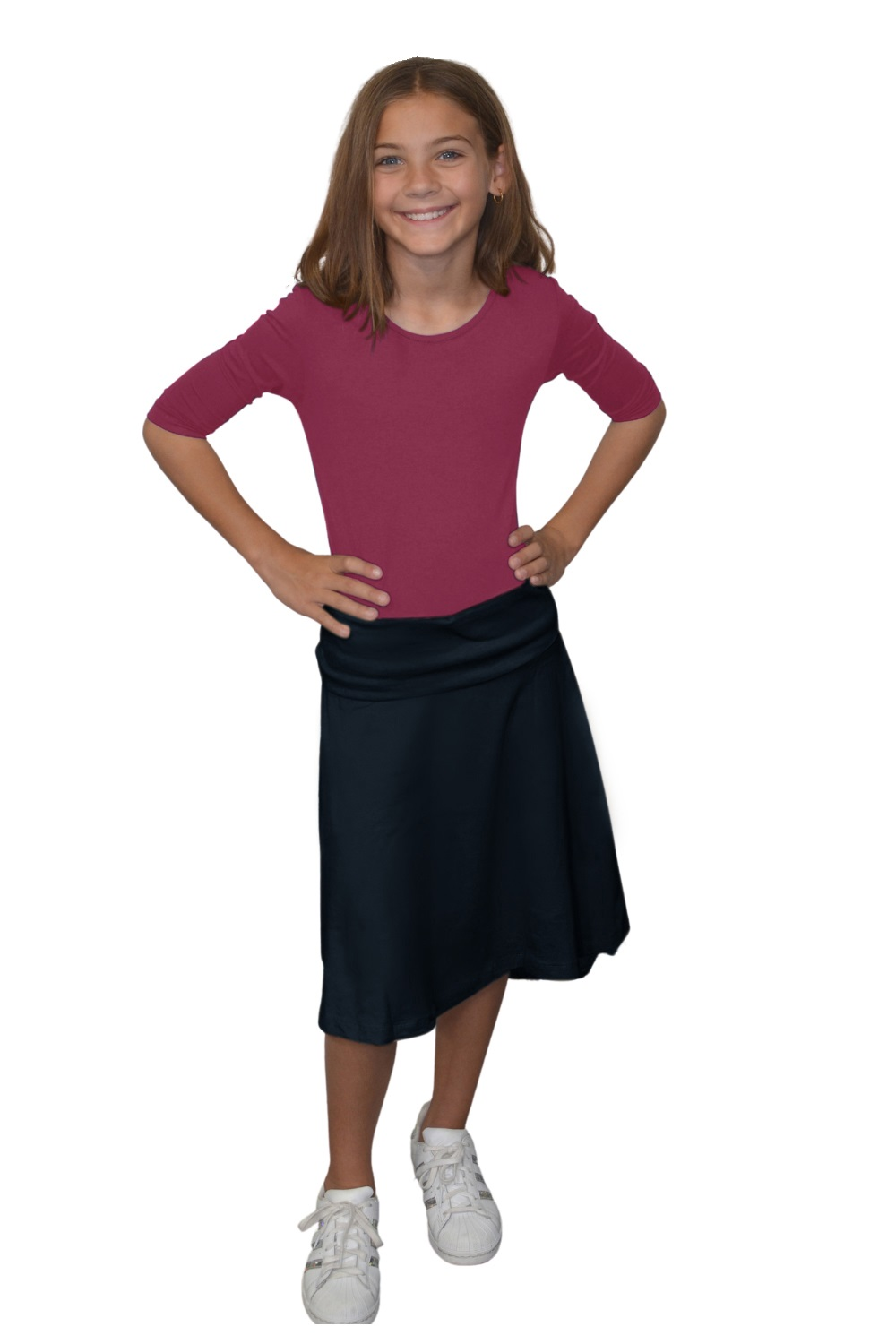 Girls Midi Skater Skirt with Fold-Over Waistband in Cotton Spandex by Kosher Casual USA