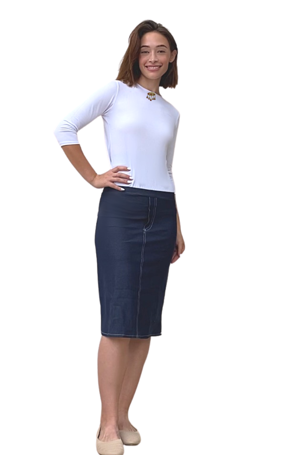 Faux Knit Denim Knee-Length Pencil Skirt with Stretch by Kosher Casual USA