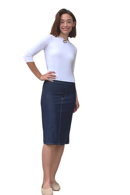 Faux Knit Denim Knee-Length Pencil Skirt with Stretch by Kosher Casual USA