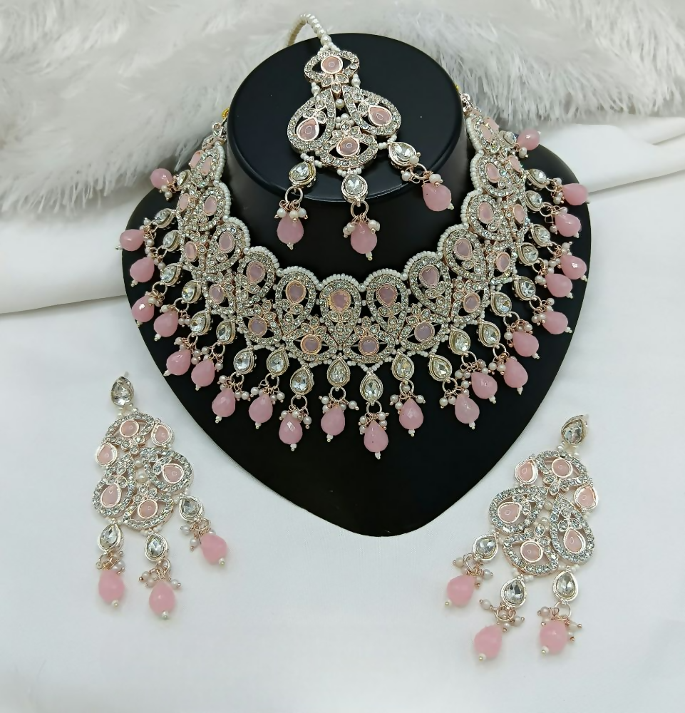 Joban Fashion Pink Color Stone Work Necklace Set
