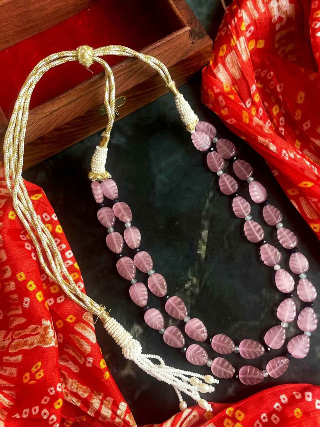 Joban Fashion Onion Pink Stone Semi Precious Carving Stone Partywear Double Layer Mala