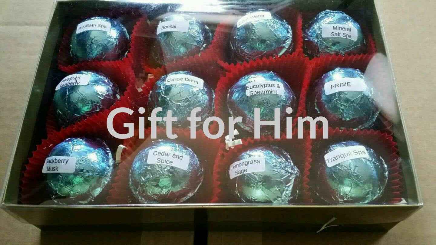 Gift Set with 12 foil wrapped 2.5 oz bath bombs, great for dry skin, Manly Scents