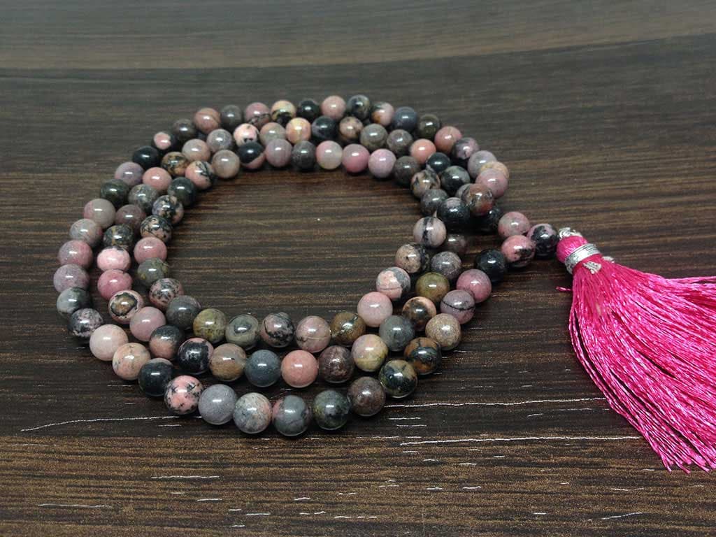 Rhodonite Gemstone Mala, 108 Prayer Bead Mala.  DestGlow