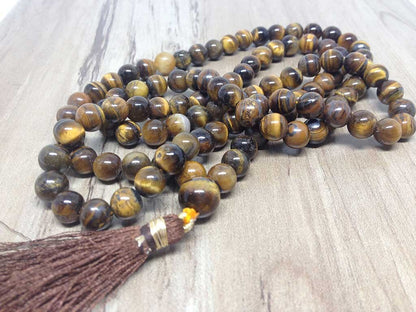 One (1) Natural 8mm Tiger Eye Mala With 108 Prayer Beads For Mediation Tibetan Mala Tiger Eye Jap mala Necklace ~ JP540  DestGlow