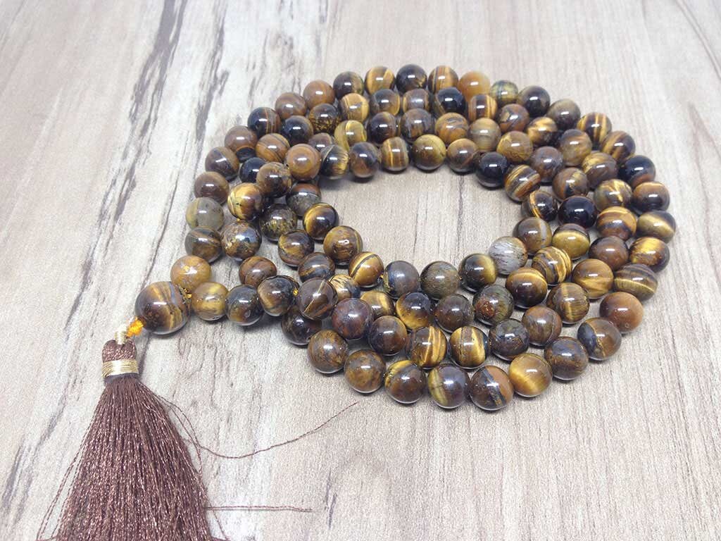 One (1) Natural 8mm Tiger Eye Mala With 108 Prayer Beads For Mediation Tibetan Mala Tiger Eye Jap mala Necklace ~ JP540  DestGlow