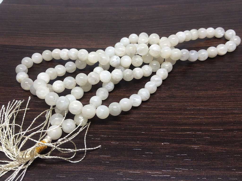 White Rainbow Moonstone Mala With 108 Prayer Beads.  DestGlow