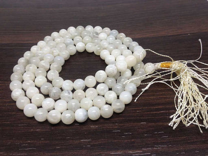 White Rainbow Moonstone Mala With 108 Prayer Beads.  DestGlow