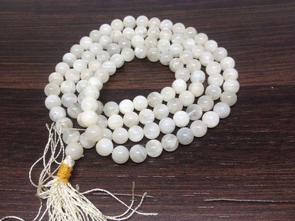 White Rainbow Moonstone Mala With 108 Prayer Beads.  DestGlow
