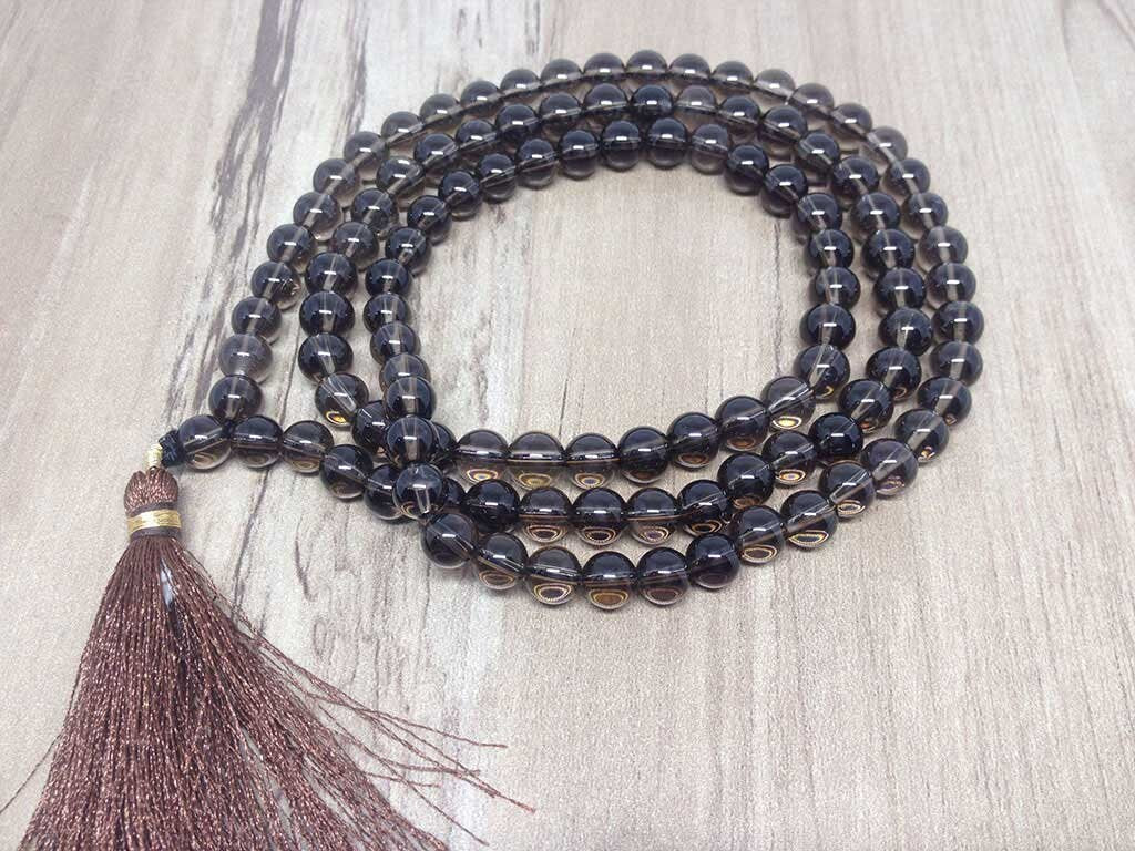 Smokey Quartz Gemstone Mala, 108 Prayer Bead Mala.  DestGlow