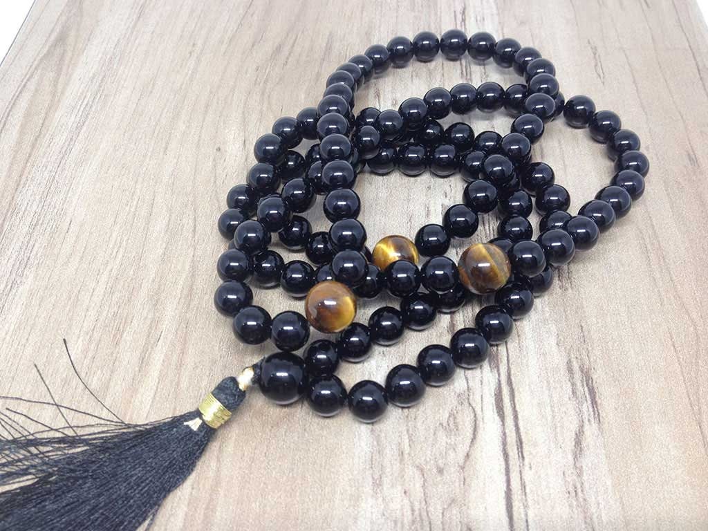 One (1) Natural 8mm Black Onyx With 3 Tiger Eye Beads Mala With 108 Prayer Beads ~ JP505  DestGlow