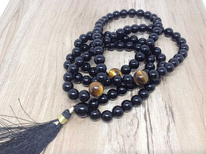 One (1) Natural 8mm Black Onyx With 3 Tiger Eye Beads Mala With 108 Prayer Beads ~ JP505  DestGlow
