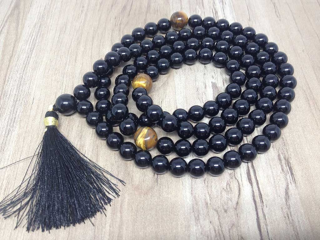One (1) Natural 8mm Black Onyx With 3 Tiger Eye Beads Mala With 108 Prayer Beads ~ JP505  DestGlow