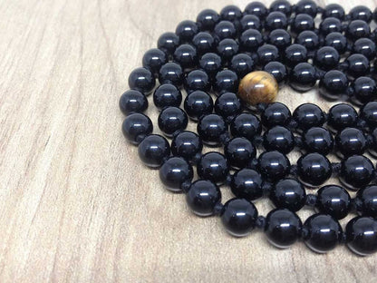 One (1) Natural 6mm Black onyx With 3 Tiger Eye Beads Knotted Mala With 108 Prayer Beads For Mediation Tibetan Mala Jap Mala ~ JP109  DestGlow