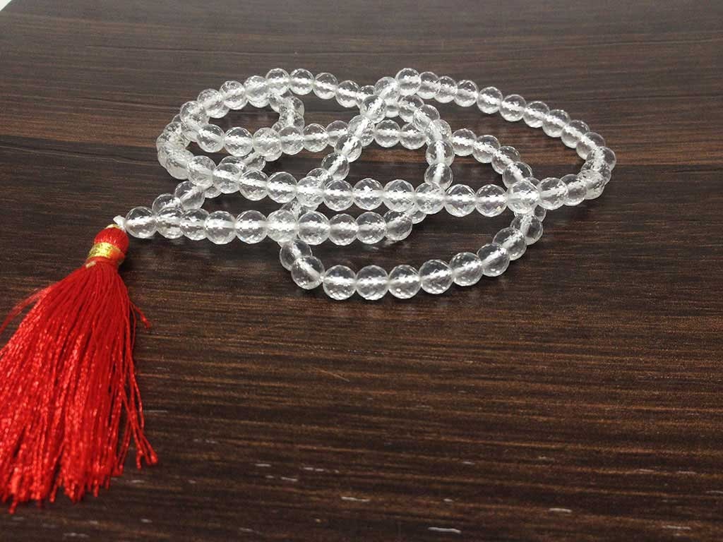 One (1) Natural 8mm Clear Quartz Faceted Mala With 108 Prayer Beads For Mediation Sphatik Mala Jap Mala Necklace ~ JP121  DestGlow