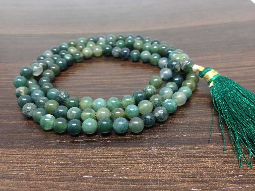 Moss Agate Gemstone Mala, 108 Prayer Bead Mala.  DestGlow