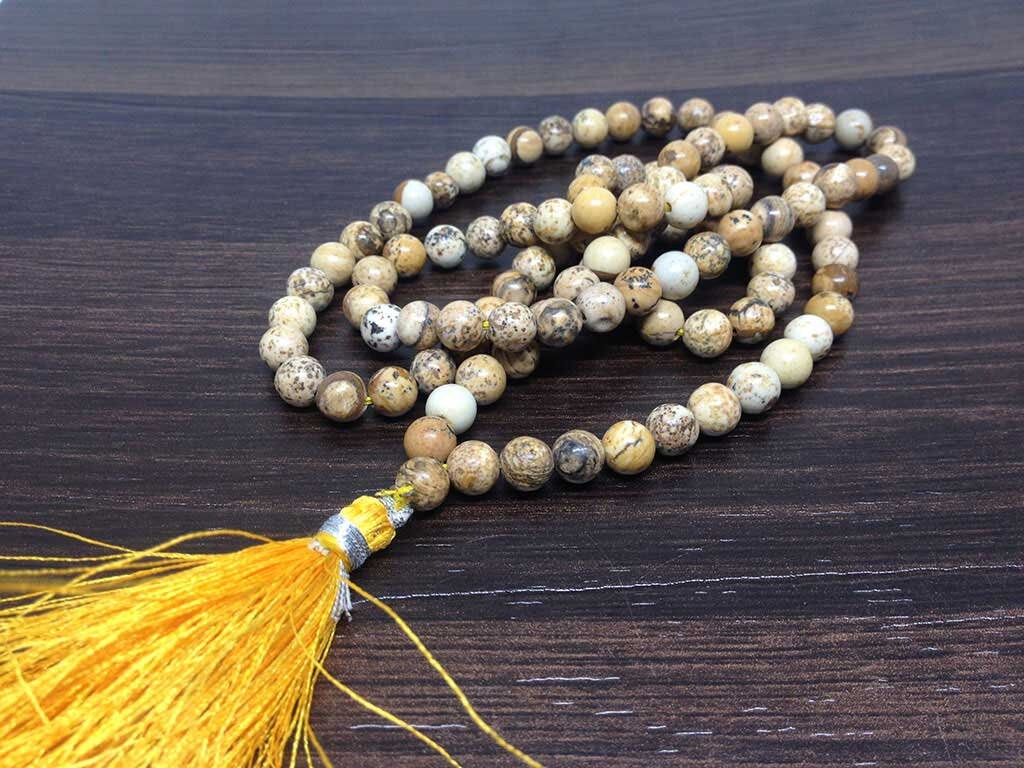 Picture Jasper Gemstone Mala, 108 Prayer Bead Mala.  DestGlow