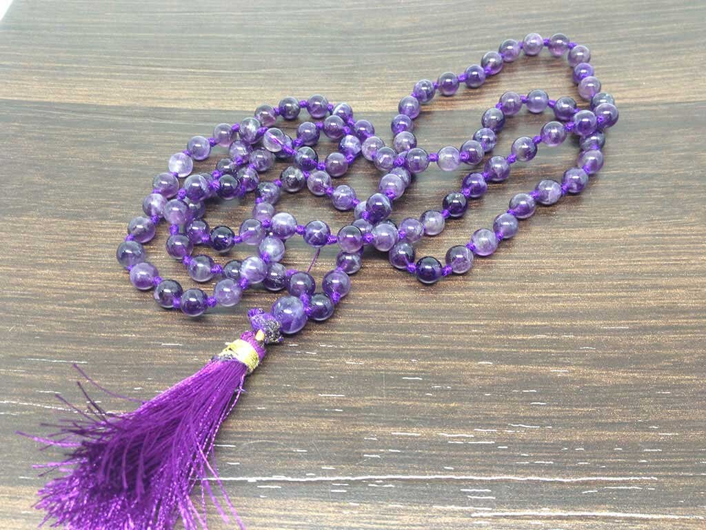 One (1) Natural 6mm Amethyst Knotted Mala With 108 Prayer Beads For Mediation  DestGlow