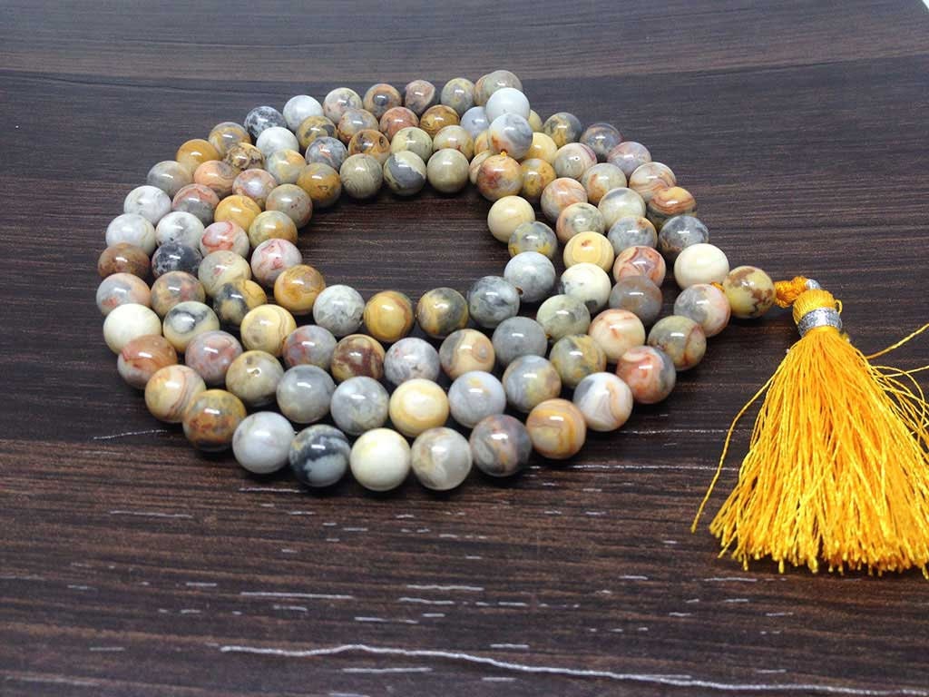 Crazy Lace Agate Gemstone Mala, 108 Prayer Bead Mala.  DestGlow